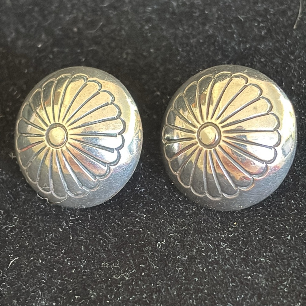 Silver Button Earrings, Engraved Flower